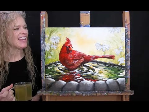 Learn How to Paint CARDINAL BIRD BATH with Acrylic - Paint and Sip at Home - Step by Step Tutorial