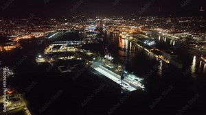 Nightscape Aerial view of Ships Cranes Containers at Belfast Dockyard and Harbour Northern Ireland