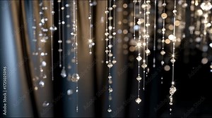 Long threads with transparent crystals hang from above, reflecting light and sparkling against a dark curtain background