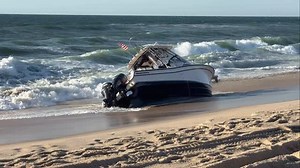 14K views · 1.4K reactions | A small boat that reportedly got a rope tangled in its motors got washed onto the beach east of Shinnecock Inlet on Sunday morning. None of the occupants were injured. | 27east | Facebook