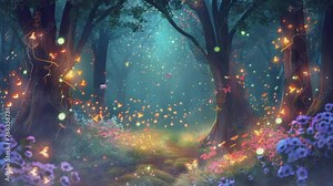 Fantasy Fairy Tale Background with Enchanted Forest seamless looping time-lapse virtual 4k video animation background. Stock Video