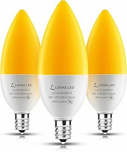 LOHAS Yellow LED Bug Light Bulbs, Yellow E12 Candelabra Light Bulbs, 6W Amber Yellow Bug Lights for Outside, Porch, Patio, Backyard, 60 Watt Equivalent, Non-Dimmable, 3Pack