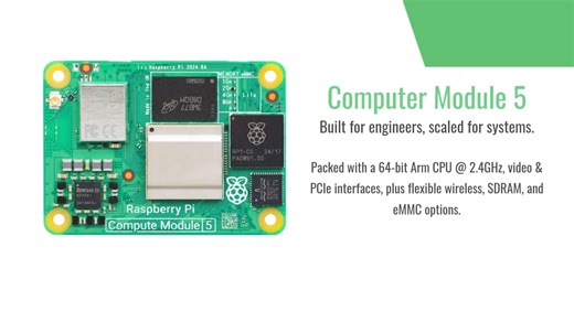 Meet Raspberry Pi Compute Module 5 & the Development Kit: built for engineers, scaled for systems. CM5 delivers a 64-bit Arm CPU @ 2.4GHz, video & PCIe interfaces, plus flexible wireless, SDRAM, and eMMC options. Learn more: https://bit.ly/4mH1rk6 | Newark Electronics