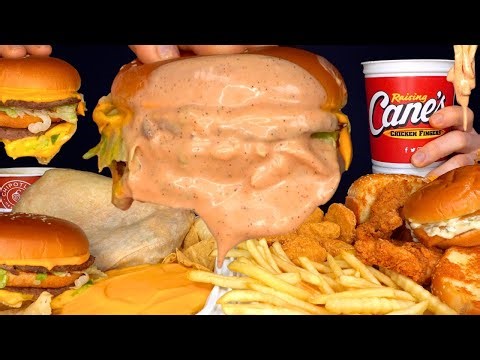 ASMR MUKBANG CANES SAUCE MCDONALDS BURGERS CHIPOTLE BURRITOS CHICKEN & FRIES | WITH CHEESE