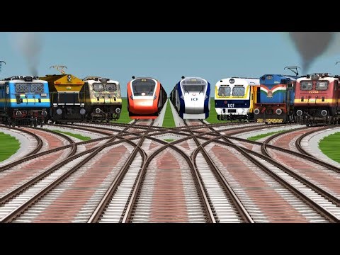 8 Trains Crossing By Bumpy Forked Railways Tracks // 3D Gameplay // Train Simulator