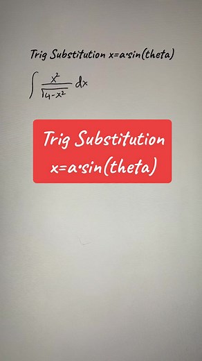 Trigonometric substitution, where x = a•sin(theta) For another example of trig substitution, watch this video: @Tamar Krikorian Follow for more integration #integration #integral #calculus #mathtutorial #mathvideos #mathsteacher #maths #math #integrating #integrationtechniques #calculus2 #mathematics #LearnOnTikTok #usubstitution #LearnItOnTikTok #integrate #integrals #mathwithtamar #trigsubstitution #trigonometricsubstitution