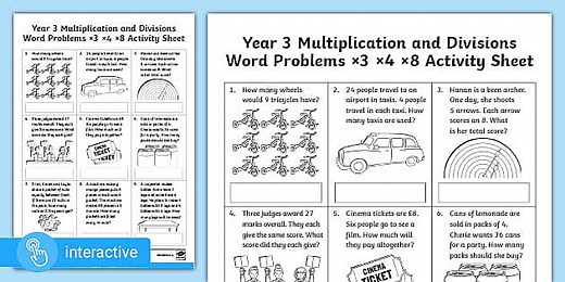 Interactive PDF: Year 3 Multiplication and Division Word Problems ×3 ×4 ×8 Worksheet