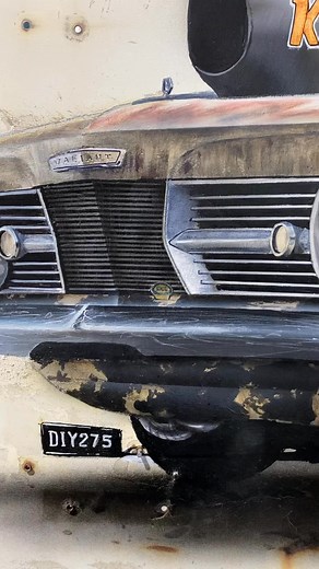 Painting Rust on Rust . All week I’ve been sharing the step-by-step process, and here’s the finished piece — a painting of Dale’s AP6 Valiant Ute drag car! Rather than a traditional pencil drawing, we wanted something truly unique. Dale handed me a piece of the car itself — an old, rusty tail lid from a Valiant Ute — and that became my canvas. With all its rust, texture, and imperfections, it turned out to be the perfect backdrop for this tough old Ute. To celebrate the car’s journey, we also in
