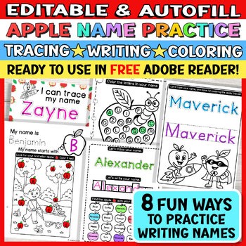 Apple Name Tracing Editable Dot to Dot Worksheet Autofill, I Can Write My Name