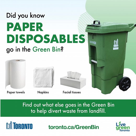Did you know these items go in the Green Bin? Every time you use your Green Bin, you’re helping to divert waste from landfill and cut down on harmful emissions. Find out what else goes in the Green Bin. | City of Toronto