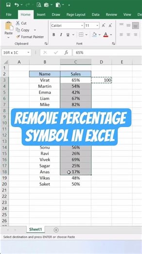 Remove Percentage Symbol in Excel #exceltricks #exceltutorial #exceltips