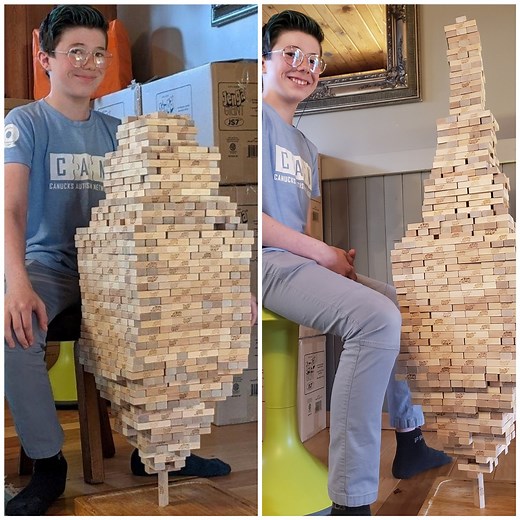 1400 Jenga blocks balanced on a single upright piece - congratulations to Canada's Auldin Maxwell who's broken his own record! | Guinness World Records