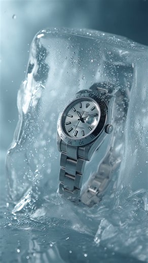 A cinematic macro photo of a silver luxury wristwatch encased inside a single irregular transpare...