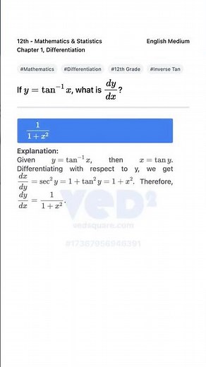 Derivative of Inverse Tan x Differentiation Math 12th