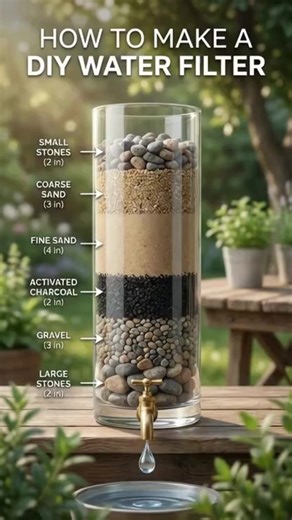 How a Homemade Water Filter Works Using Natural Materials The image illustrates a simple yet effective homemade water filtration system built using layered natural materials. This type of filter is designed to improve water clarity and remove visible impurities, making it useful in emergency situations, off-grid living, or basic water pre-treatment before further purification. The filter is constructed inside a container such as a barrel, clay pot, or plastic vessel with an outlet near the botto