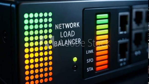Network load balancer device with colorful LED indicators showing traffic distribution, connection status, multiple network ports, and technology for efficient data center and server hardware