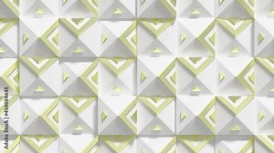 Abstract Decorative Pattern Loop 1 Gold x White: motion grid of square pyramids with sculpted triangle shapes, in bright matte white and luxury gold. Beautiful background.