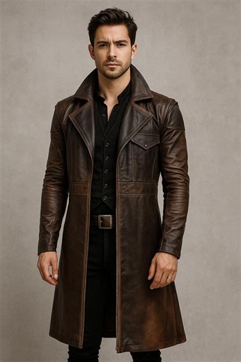 Men’s Long Brown Leather Trench Coat | Handmade Steampunk Duster Jacket | Vintage Gothic Leather Overcoat | Winter Long Coat for Men - Etsy Canada