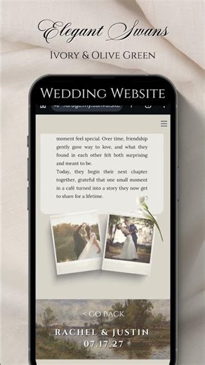 Elegant Swans Ivory & Olive Green Wedding Website Canva Template