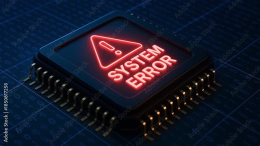 System error warning on computer chip and microchip with glowing red alert symbol, digital technology failure concept featuring circuit, binary code, and electronic hardware malfunction background