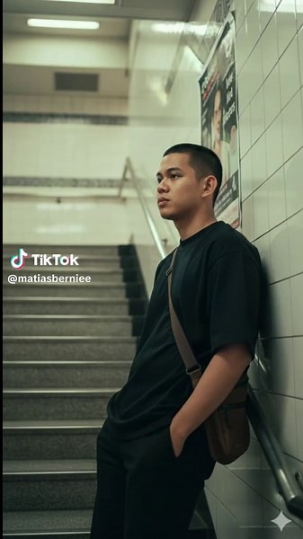 Gemini AI PROMPT: 1. Open Gemini App/Website 2. Upload Your Photo 3. Copy & Paste this prompt: Realistic wide shot photography, slightly sideways camera angle from left-to-right (angle 3 / 4 side view), capturing a young man like the photo I uploaded do not change his face but with short buzz cut hair standing on the basement stairs, viewed from a slightly vantage point from below. He is wearing a oversized black round neck shirt, black pants, and a brown sling bag. He is leaning against the whi