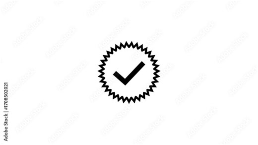 Black check mark symbol inside a jagged circle emblem representing approval or confirmation