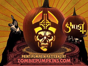 8.7K views · 113 reactions | Here's a new pattern for you music fans. Ghost's skeletal former frontman, Papa Emeritus II, is here to lead his devoted clergy through the ritual of pumpkin carving. Hail Papa! Print these pumpkin patterns at: https://www.zombiepumpkins.com/search/emeritus | Zombie Pumpkins! | Facebook