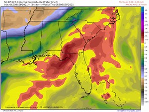 Precipitable water map through Friday AM. Red shows the moisture in the atmosphere. Heaviest heads towards upper Florida. Things start to dry out later tomorrow. NHC watching this and marks it at a 50% chance for weaker Mindy. Front sneaking in on the upper Gulf for the weekend meaning some cooler drier air. Lower 60s Fri/Sat for many... maybe even the tip of FLA. Are you ready? Mikes Weather Page: www.spaghettimodels.com Drunk Donkey shirts & more: bit.ly/3wyEtlR Support MWP with perks: bit.ly/
