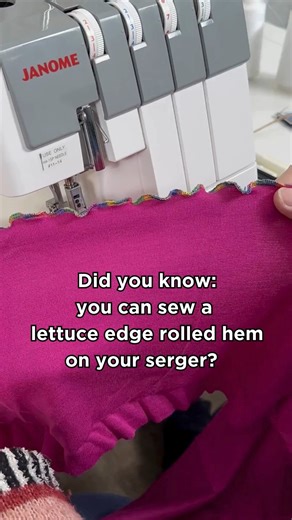 23K views · 89 reactions | Looking for a quick and easy way to spruce up your sewing project? Check out this lettuce edge rolled hem tutorial! With just a few setting adjustments, you can achieve this beautiful technique in no time! Visit your local Janome Dealer today to learn more about the MyLock 454D serger. Tap the link in bio for more information on the MyLock 454D serger! https://janome.pulse.ly/wjybbc96d1 | Janome Sewing Machines | Facebook