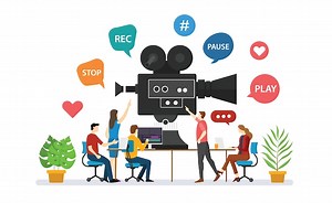 Premium Vector | Team video production for film making with people discussion together with modern flat style - vector