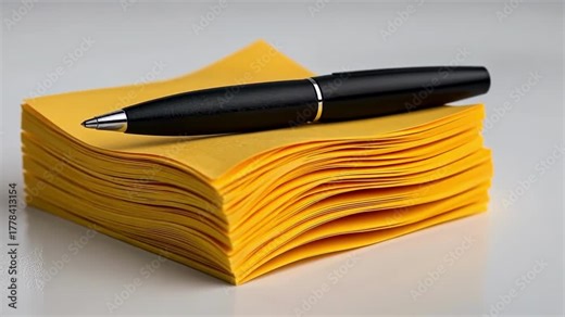 Stack of yellow sticky notes with a black pen on top, close-up shot.