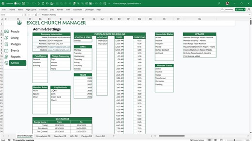 ⛪ Excel Church Manager — Run Your Entire Church in Excel Who says church management needs expensive software? This all-in-one Excel Church Manager helps you organize members, track giving, manage events, and automate reports — all inside Excel. 🔥 Patreon members now have access to the new upgraded version featuring: ⭐ Member Birthdays & Birthday Report ⭐ Member Visibility Control ⭐ Date Range Table for Reports ⭐ Household Statement Report ⭐ Income Statement Added ⭐ Print Feature for Easy Summar