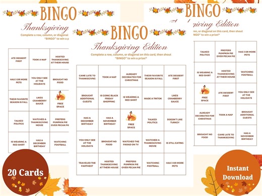 Fall Bingo Printable Classic Autumn Bingo Game Thanksgiving Activity for Kids & Adults Family Fall Game - Etsy