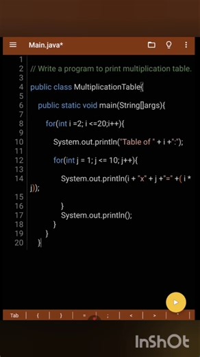 Write a program to print multiplication table java. #java #programming #javatable #coding #multiple