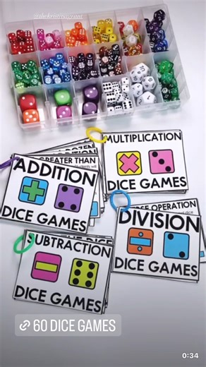 3.5K views · 16 reactions | 60 Dice Games Whether for learning or reward, dice have a dynamic pull on students. Combine the thrill of the unknown with crunching numbers, and it’s a win-win for math stations. We decided to put the dice games into four categories to make it easier to find the game you need when you need it. Wanting to use these in all grade levels, we built out all four operations. | Tunstall's Teaching Tidbits | Facebook