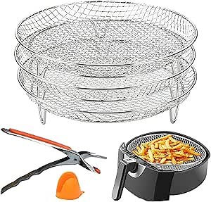 Multi-Layer Air Fryer Rack Set (3 layers round), 304 Stainless Steel Mesh Baskets. Versatile Use for Air Fryer, Steamer, Oven, Dishwasher Safe, Includes Gripper Clip and Silicone Mitt