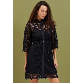 Delicate Cutwork Lace Button Down Dress in Black
