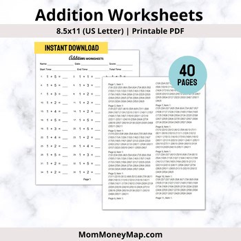 Addition Worksheets Printable PDF | 40 Pages | Math Facts Practice
