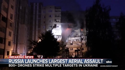 Russia launched the largest aerial assault on Ukraine since the war began, sending more than 800 drones and 13 cruise missles into the country overnight. At least eight civilians have been killed with many more wounded. Martha Raddatz reports from Ukraine. | ABC World News Tonight with David Muir