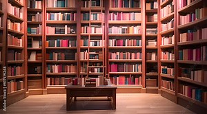 The library room is neat and clean, with tall wooden shelves filled with colorful books