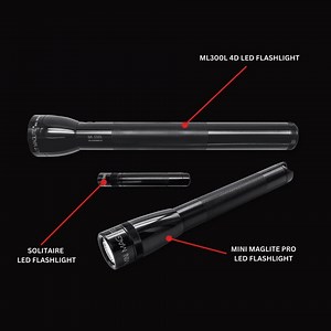 Get our Complete Home Bundle today and enjoy three high-quality flashlights to meet all your needs! The ML300L 4D LED Flashlight is a full-size flashlight that runs for 18 days on four D-cell batteries. The Mini Maglite Pro LED Flashlight is perfect for everyday use, while the Solitaire LED is small enough to carry on your keychain. | Maglite
