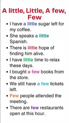 🧠Using A Little vs. Little & A Few vs. Few Explained with Examples! ✨ #grammar #learnenglish