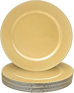 MAONAME 13" Gold Charger Plates Set of 12, Round Charger for Dinner Plates, Plate Chargers with Beaded Rim, Plastic Table Chargers for Wedding, Party