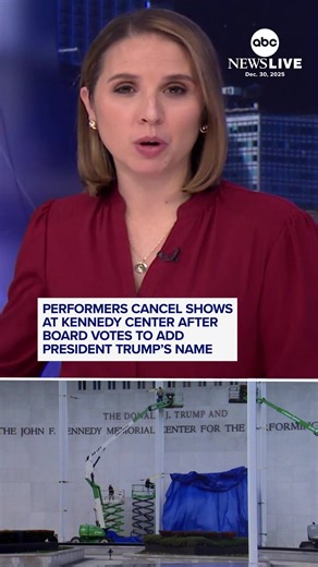 Several artists have cancelled their upcoming performances at the newly renamed Trump-Kennedy Center in Washington, D.C., publicly voicing their opposition to President Trump's name being added to the signage of the building last week. Jazz musician Chuck Redd canceled his Christmas Eve event, while jazz group The Cookers announced on social media that they will be cancelling their New Year's Eve performance at the cultural center. ABC News’ Selina Wang reports. #KennedyCenter #Politics #News #A