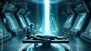 Alien Medical Examination of Human in Futuristic Laboratory