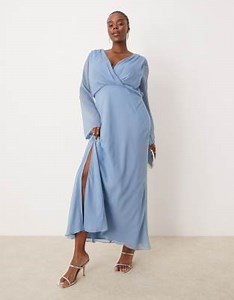 ASOS DESIGN Curve wrap front midi dress with seaming details in denim blue | ASOS