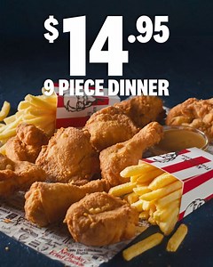 📱Online Only📱 Our $14.95 9pc Dinner is a GREAT SHOUT when you’ve got a crew to feed 👊 Score 9 pieces of our world-famous, mouth-watering Original Recipe Chicken, Chips AND Gravy 😯 Not everywhere and not forever. Delivery requires $30 min spend. Delivery fee applies. | KFC