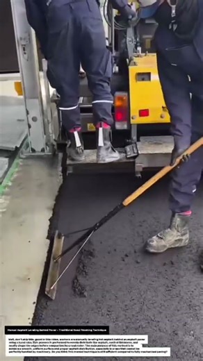 Manual Asphalt Leveling Behind Paver – Traditional Road Finishing Technique.