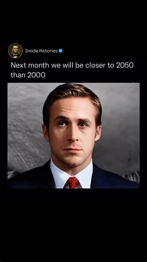 Inside Histories on Instagram: "2050. 🫡 Follow(us) @insidehistories This video captures a heavy, existential realization that many people are currently feeling as we transition into 2025. By using a somber clip of Ryan Gosling—often associated with "literally me" characters who embody quiet disillusionment—the video highlights the startling fact that we are now at a chronological tipping point. The Math of Time The video centers on the "halfway" point between two massive milestones: The Past: J