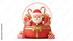Santa Claus in snow globe with snowfall. Beautiful snow globe isolated on white background. Christmas snow globe. Christmas balls. Christmas and New Year holiday concept. Gift close-up Cute animation